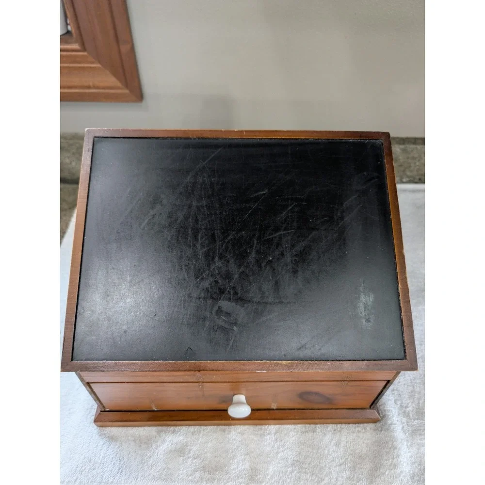 Vintage Wooden Office Desktop Organizer Chalkboard Hinged Letter Pencil Caddy